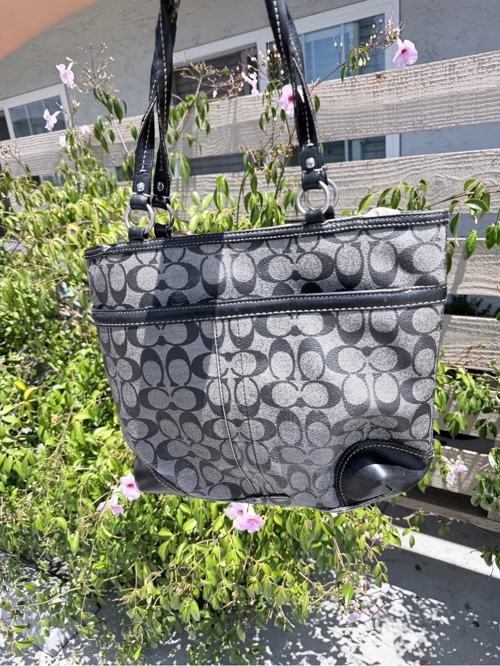 Coach Gray Signature Canvas Tote With Black Trim